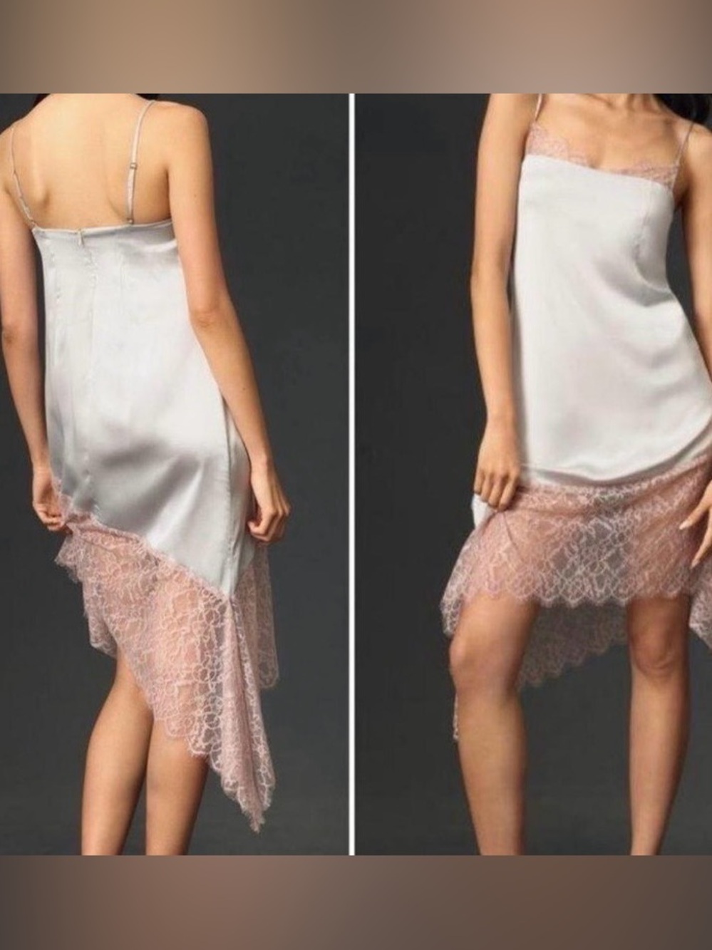 Anthropologie Lace Trimmed Asymmetrical Midi Slip Dress In Light Gray Pink Sz 2